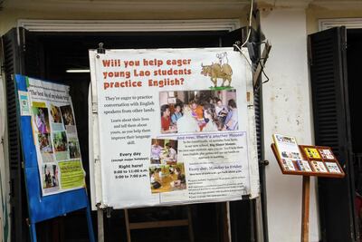 A sign outside Big Brother Mouse encouraging visitors to help children practise their English skills. Courtesy Kalpana Sunder