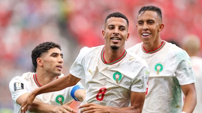 Azzedine Ounahi, centre, scored two for Morocco in their 3-0 World Cup 2026 last-16 win over Canada in Houston. Getty Images