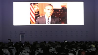 US President Barack Obama President addressed the World Government Summit in Dubai on Monday. Satish Kumar / The National