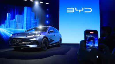 A BYD Co. Seal 6 DM-i Touring SUV at the IAA Mobility 2025 expo in Munich, Germany, on Monday, Sept. 8, 2025. The Munich car show is taking place as trade tensions linger with Beijing following the European Union’s decision last year to impose tariffs on EVs imported from China. Photographer: Krisztian Bocsi / Bloomberg