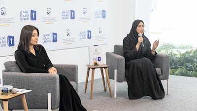 Muna Al Kendi (L), Secretary General Arab Reading Challenge, and Shahad Ballan (R), TV presenter at MBC, announce the Arab Reading Challenge Show. Antonie Robertson / The National