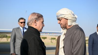 President Sheikh Mohamed meets Pakistan's Prime Minister Shehbaz Sharif in Rahim Yar Khan, Pakistan. Photo: UAE Presidential Court