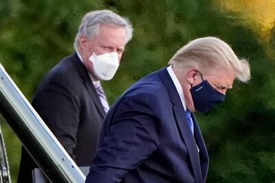 President Donald Trump arrives at Walter Reed National Military Medical Centre, in Bethesda on Friday, October 2, 2020. AP