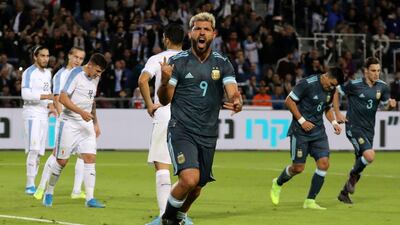 Argentina's Sergio Aguero celebrates scoring their first goal. Reuters