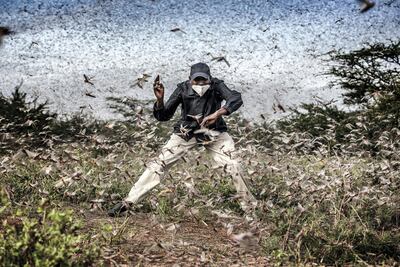 One man tries to scare away a massive swarm of locust ravaging an area next to Archers Post, Samburu County, Kenya last year. Climate change-induced food and water insecurity issues will plague the Earth. The Washington Post