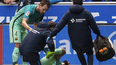 Barcelona defender Aleix Vidal is seriously injured during their Primera Liga match against laves played at Mendizorroza Stadium in Vitoria, Basque Country, Spain on February 11, 2017. Barcelona won the game 6-0. Javier Zorrilla / EPA