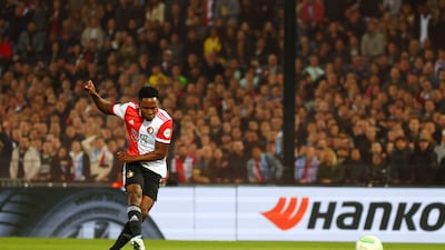 Luis Sinisterra of Feyenoord scores during the Uefa Conference League semi-final first leg against Olympique Marseille on April 28, 2022. Getty