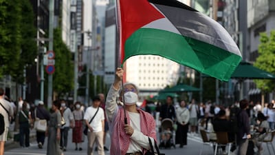 Pro-Palestinian activists protest through the streets of Ginza. Tokyo, Japan. Chris Whiteoak / The National