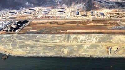 An aerial shot of the Fujairah Refinery project, where the port authority is building two berths for large ships at a cost of Dh500 million and Ipic is building a refinery to process up to 200,000 barrels of crude oil a day. Courtesy Ipic