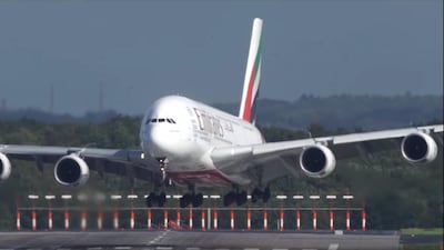 Emirates Ek55 approaches Dusseldorf airport during high winds on October 5, 2017. Picture: YouTube screengrab Cargospotter