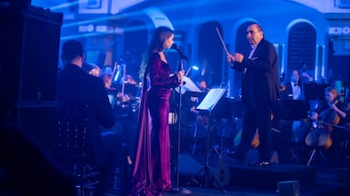 Oussama Rahbani and guest soloist Hiba Tawaji perform Ousafirou Wahdi Malikan (I Travel Alone, As a King), a work built from 34 selected poems by Oussama's father Mansour Rahbani. Photo: Nabil Ismail