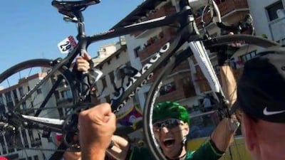 Europcar rider Pierre Rolland, from France, celebrates winning the 11th stage. Peter Dejong / AP Photo