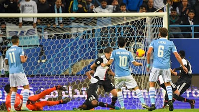 Lazio's Spanish midfielder Luis Alberto (C, #10) opens the scoring for his team during the Supercoppa Italiana final football match between Juventus and Lazio at the King Saud University Stadium in the Saudi capital Riyadh on December 22, 2019. / AFP / GIUSEPPE CACACE