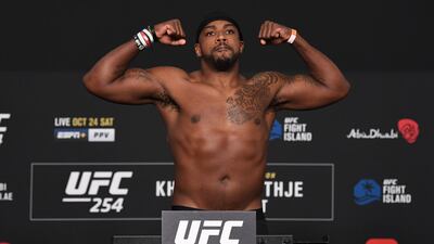 Walt Harris on the scales at the weigh-in ahead of his UFC 254 bout against Alexander Volkov. Josh Hedges / Zuffa LLC / UFC