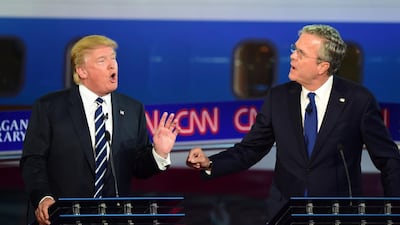 Donald Trump, left, and Jeb Bush during the Presidential debate at the Ronald Reagan Presidential Library in Simi Valley, California. Frederic J Brown / AFP Photo
