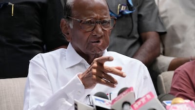 Nationalist Congress leader Sharad Pawar, whose party is part of the India National Developmental Inclusive Alliance (India), at a press conference in Mumbai as election results are calculated. AP Photo