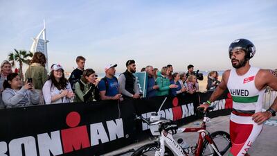 Ahmed Al Fahim placed third in the UAE nationals category of the Ironman 70.3 race in Dubai on January 27, 2017. Victor Besa for The National