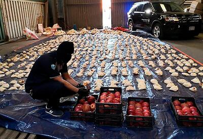 Saudi customs officers discovered millions of amphetamine pills in a shipment of pomegranates arriving from Lebanon. Saudi Press Agency via AP