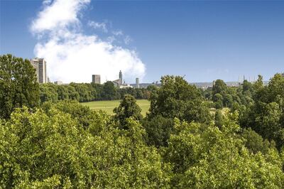The view from 12 Hyde Park Place penthouse takes in a sweep of the park and the city. Courtesy Berkshire Hathaway HomeServices London