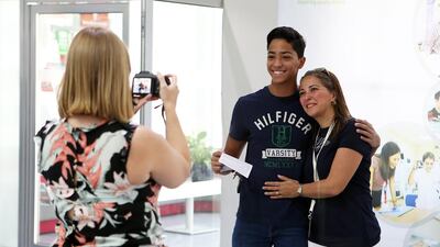 Youssef El Emam and his mother Samar Shaker after he received his A Level results from the Dubai British School. Pawan Singh / The National