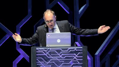 Sir Timothy John Berners-Lee, the creator of the world wide web, gestures during his speech on Future of Open Data at the International Government Communication Forum in Sharjah. Satish Kumar for The National /