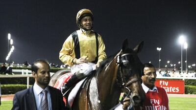 Ukrainian, centre, and jockey Royston Ffrench delivered win No 250 for trainer Ali Rashid Al Raihe on Thursday night at Meydan Racecourse. Lee Hoagland / The National