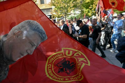 Kosovo Albanians rally in Pristina as former president Hashim Thaci is sentenced to 25 years. AFP