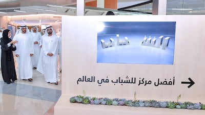 Sheikh Mohammed bin Rashid, Sheikh Mohammed bin Zayed, and Mohammed Al Gergawi are led into the Youth Hub by Shamma Al Mazrui. Wam