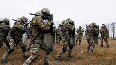 Members of Ukraine's State Border Guard Service attend a training session in Volyn. Reuters