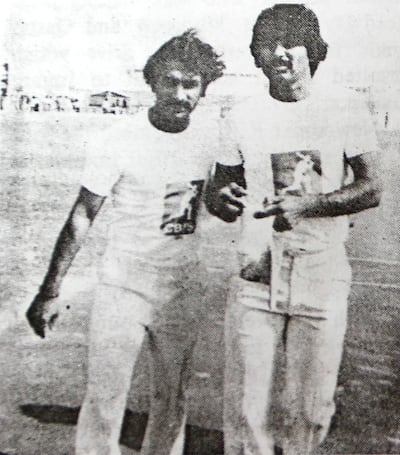 The two captains after the toss during a match between Gavaskar XI and Miandad XI at Sharjah Cricket Stadium, April 3 1981. Courtesy The Cricketer Pakistan