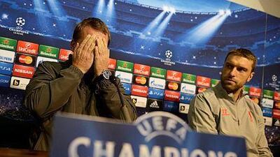 Liverpool's manager Brendan Rodgers, left, and forward Rickie Lambert attend a news conference at Vassil Levski Stadium in Sofia, Bulgaria, 25 November 2014. PFC Ludogorets Razgrad will face Liverpool FC in the UEFA Champions League Group B soccer match on 26 November 2014 in Sofia. EPA/VASSIL DONEV