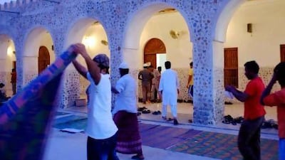 Worshippers at the Sheikh Mohammed bin Salem Al Qassimi mosque in old Ras Al Khaimah. Early Emirati mosques were not so different from the Prophet Mohammed’s mosque in Medina. Antonie Robertson / The National