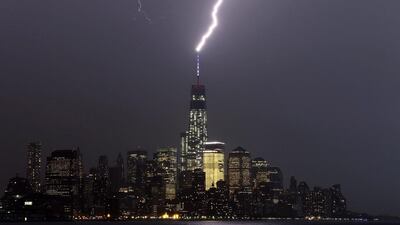 A bolt of lightning hits the antenna on top of One World Trade Center in Lower Manhattan, New York. Gary Hershorn/EPA