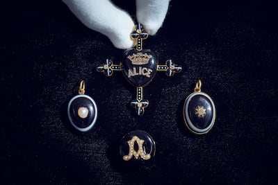 Four pieces of mourning jewellery worn by Queen Victoria. Made to commemorate her husband, Prince Albert, who died in 1861, and daughter Princess Alice, who died in 1878. Photo Sotheby's