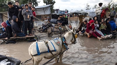 Displaced Palestinians make their way through a flooded street on carts. EPA