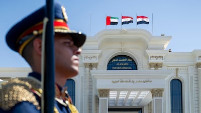 The Egyptian and UAE flags during the arrival of Sheikh Mohamed