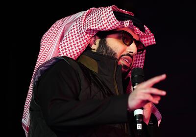 Turki Alalshikh, Chairman of the General Authority for Entertainment in Saudi Arabia, speaks during the press conference to announce the Anthony Joshua v Francis Ngannou fight. PA