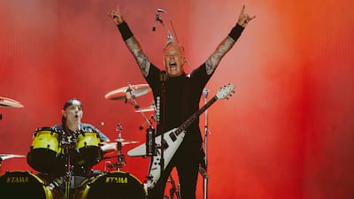 Metallica frontman James Hetfield salutes the crowd at Etihad Park during the 2025 Grand Prix weekend in Abu Dhabi. Photo: Ethara
