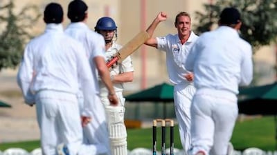 Stuart Broad, arm raised, covered 16 kilometres and in the process took four ICC Combined XI wickets in Dubai on Saturday.