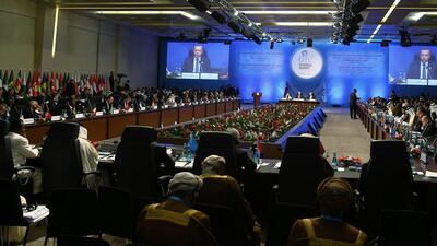 Turkey's President Recep Tayyip Erdogan addresses the leaders and representatives of Islamic countries at the OIC summit in Istanbul. Anadolu Agency / via AP