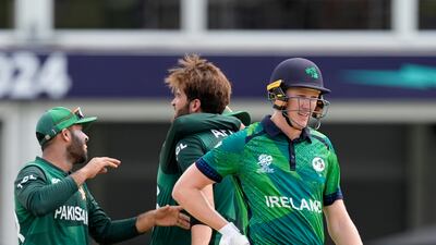 Ireland's Harry Tector, right, after being out lbw to Pakistan's Shaheen Afridi. AP