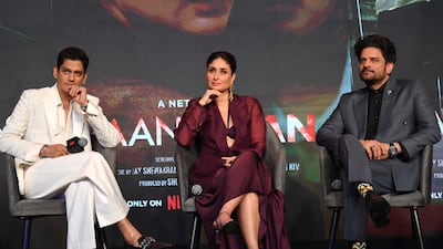 (L-R) Bollywood actors Vijay Varma, Kareena Kapoor Khan and Jaideep Ahlawat attend the trailer launch of their upcoming Hindi-language movie 'Jaane Jaan' in Mumbai on September 5, 2023. AFP
