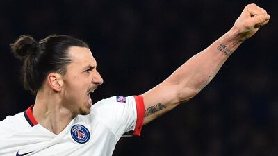 Zlatan Ibrahimovic celebrates scoring PSG’s second goal. Ben Stansall / AFP