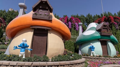 Life-size mushroom houses were part of Smurfs Village in Dubai Miracle Garden.