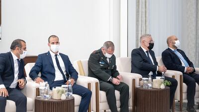 Members of the delegation accompanying Naftali Bennett at Al Shati Palace. Rashed Al Mansoori / Ministry of Presidential Affairs