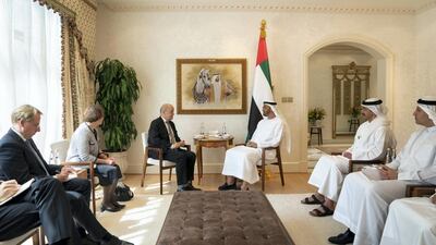 Sheikh Mohamed bin Zayed meets with Jean-Yves Le Drian. Seen with Khaldoon Khalifa Al Mubarak, chief executive and managing director of Mubadala, chairman of the Abu Dhabi Executive Affairs Authority and Abu Dhabi Executive Council member (R) and Sheikh Abdullah bin Zayed, Minister of Foreign Affairs and International Co-operation. Mohamed Al Hammadi / Ministry of Presidential Affairs