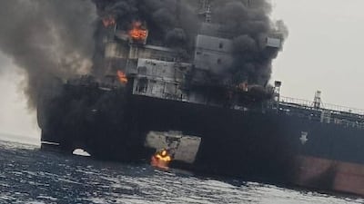 Iranian state media on Monday published what it claimed was footage of a ship on fire in the Strait of Hormuz. Photo: Irib News