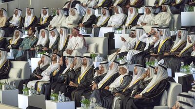 From left, Mohamed Ahmad Al Bowardi, UAE Minister of State for Defence Affairs, Dr Abdullah bin Mohamed Al Nuaimi, UAE Minister of Infrastructural Development, Suhail bin Mohamed Faraj Faris Al Mazrouei, UAE Minister of Energy, Obaid bin Humaid Al Tayer, UAE Minister of State for Financial Affairs, Sultan bin Saeed Al Mansouri, UAE Minister of Economy, Mohamed Abdulla Al Gergawi, UAE Minister of Cabinet Affairs and the Future, Abdul Rahman Mohamed Al Owais, UAE Minister of Health and Prevention, Ahmed Juma Al Zaabi, UAE Deputy Minister of Presidential Affairs, Reem Ibrahim Al Hashimi, UAE Minister of State for International Cooperation, Hussain Ibrahim Al Hammadi, UAE Minister of Education and other dignitaries, attend the opening ceremony of The Founder's Memorial. Mohamed Al Hammadi / Crown Prince Court - Abu Dhabi