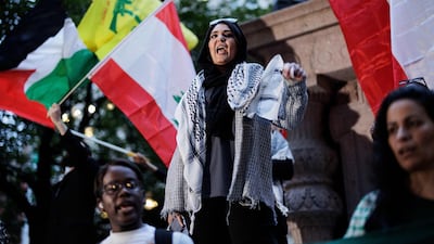 Nerdeen Kiswani, founder of Within our Lifetime-United for Palestine, at a protest in New York. AFP