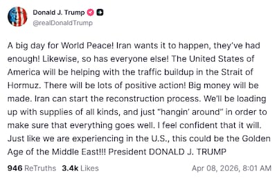 US President Donald Trump said the ceasefire could mark the start of a golden age for the region. Photo: Donald Trump / Truth Social